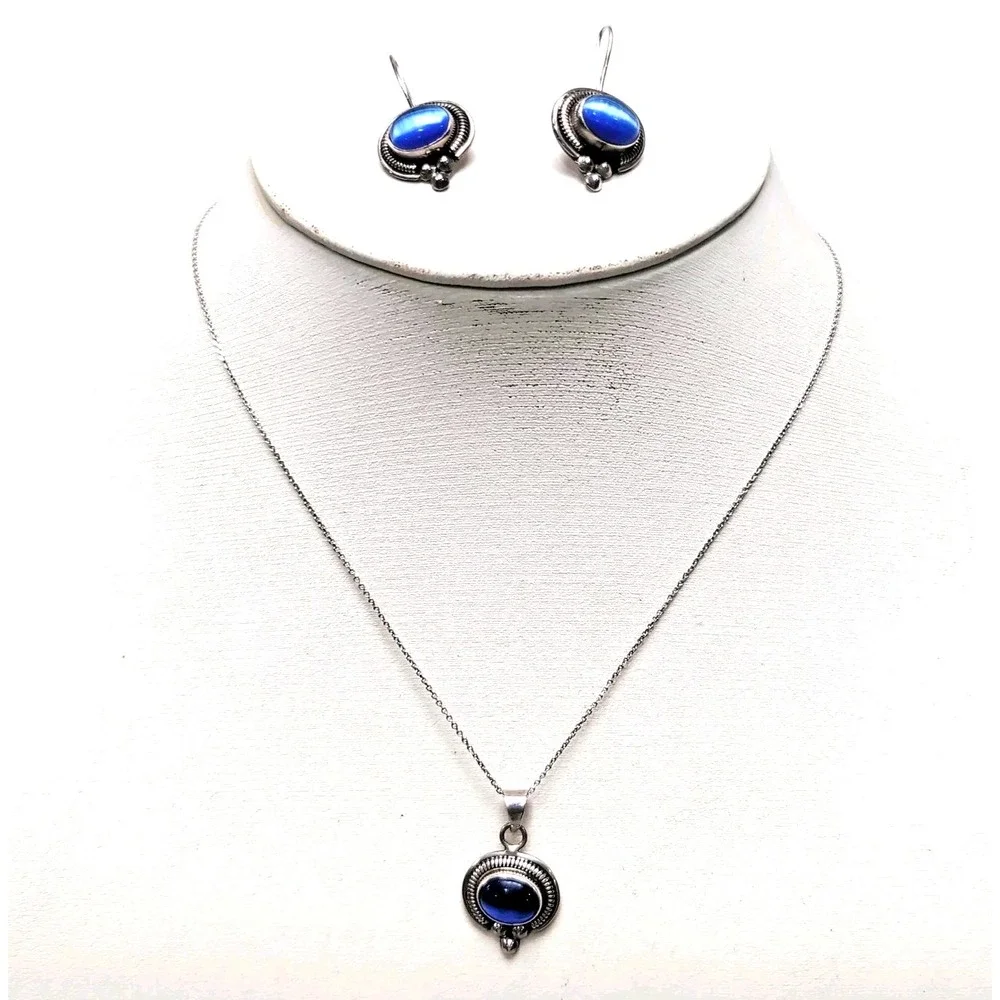 ATI Vtg Mexican Sterling Silver 925 Necklace Earrings Set Blue Cat Eye Glass